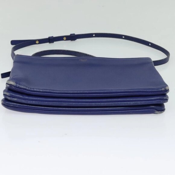 CELINE Trio Shoulder Bag Leather Blue Gold Auth - Picture 5 of 15